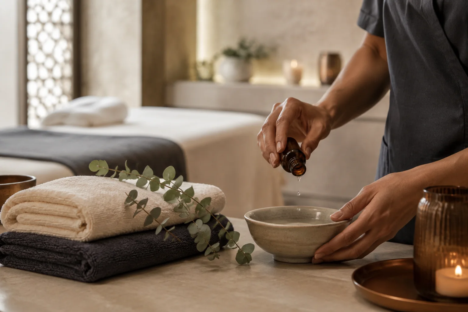 A therapist preparing aromatic oil and fresh towels for a treatment
