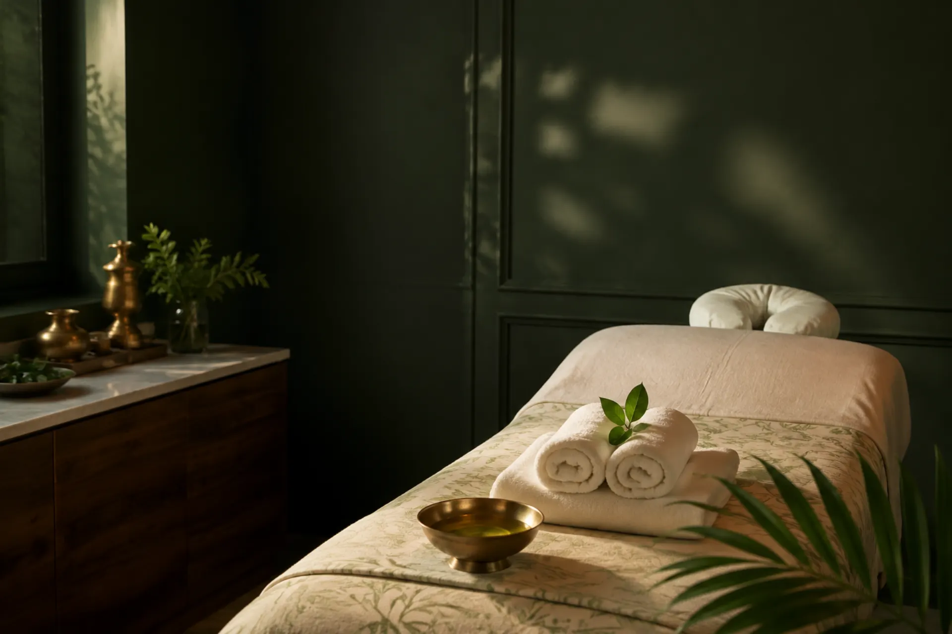 Therapist pouring aromatic oil beside fresh towels in a Tatva treatment room